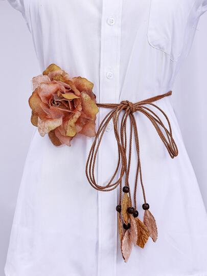 1入組女性樹葉和花朵裝飾波西m亞繩帶腰帶適用於衣物裝飾