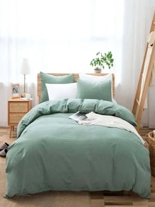 100% Washed Cotton Duvet Cover Set, Durable Fade-Resistant Natural Bedding Set (No Comforter) - Green - View 1