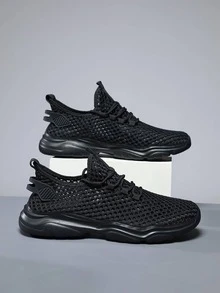 女性鏤空繫帶運動戶外網紗跑步鞋 - 黑色 - 查看 5