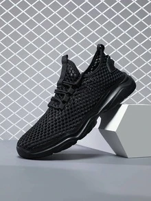 女性鏤空繫帶運動戶外網紗跑步鞋 - 黑色 - 查看 4