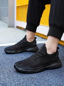 女性鏤空繫帶運動戶外網紗跑步鞋 - 黑色 - 查看 1