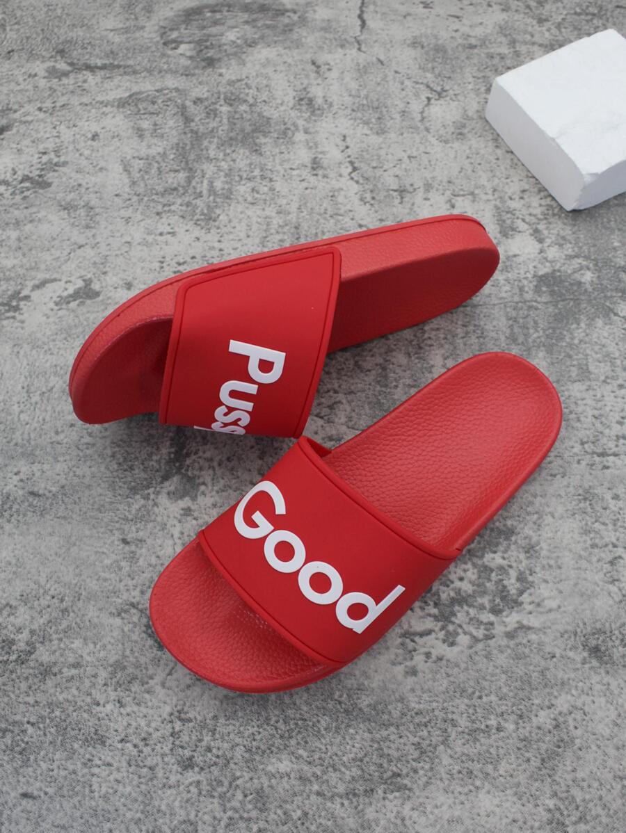 時尚拖鞋適用於字母圖案單帶拖鞋 - 紅色 - 查看 1
