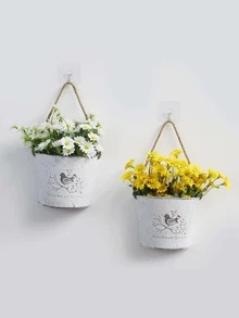 1pc Bird & Letter Graphic Hanging Planter Basket, Modern Iron Decorative Flower Pot Holder For Garden - White - View 2