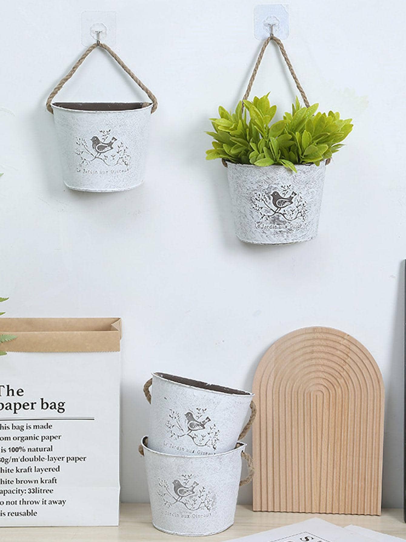 1pc Bird & Letter Graphic Hanging Planter Basket, Modern Iron Decorative Flower Pot Holder For Garden - White - View 1