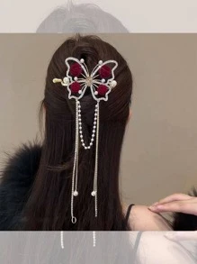 1入組女性蝴蝶造型珍珠和流蘇裝飾時尚髮夾 - 金色 - 查看 5