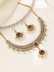 1 Peça Bohemian Liga De Zinco Rhinestone Decor Falso Colar De Pérolas & 1 Par De Brincos Para Mulheres Para Presente De Encontro