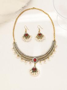 1 Peça Bohemian Liga De Zinco Rhinestone Decor Falso Colar De Pérolas & 1 Par De Brincos Para Mulheres Para Presente De Encontro