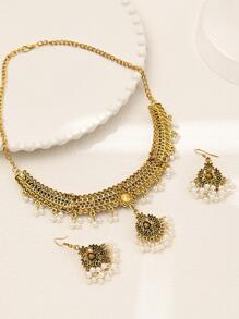 1 Peça Bohemian Liga De Zinco Rhinestone Decor Falso Colar De Pérolas & 1 Par De Brincos Para Mulheres Para Presente De Encontro