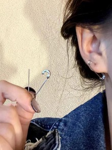 1雙時尚銅別針設計圓耳環適合女士日常裝飾 - 銀色 - 查看 3