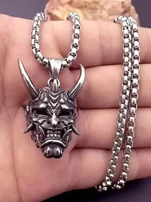 1入組時尚不銹鋼鬼頭吊墜項鍊適合男士日常裝飾,適用於首飾類禮品和派對 - 復古銀色 - 查看 2
