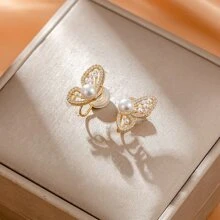 1 Đồng Thời Trang Đính Đá Cubic Zirconia Bướm & Ngọc Trai Giả Trang Trí Tai Đeo Cho Nữ Cho Quà Tặng Sinh Nhật - Vàng - Xem 2