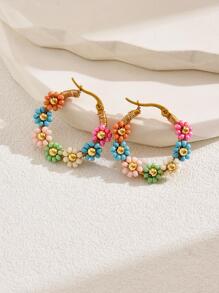 1對波西米亞不銹鋼串珠花朵裝飾圓耳環適合女士適用於約會禮物 - 彩色 - 查看 3