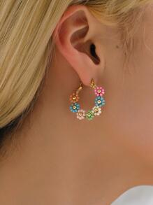 1對波西米亞不銹鋼串珠花朵裝飾圓耳環適合女士適用於約會禮物 - 彩色 - 查看 1