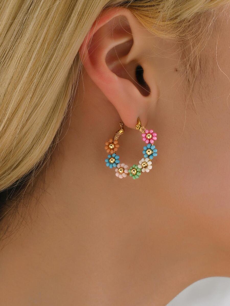 1對波西米亞不銹鋼串珠花朵裝飾圓耳環適合女士適用於約會禮物 - 彩色 - 查看 1