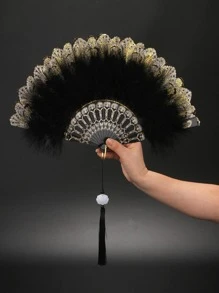 chenguang 1入組羽毛裝飾手動黑色ABS復古可折疊扇適合派對 - 黑色 - 查看 1