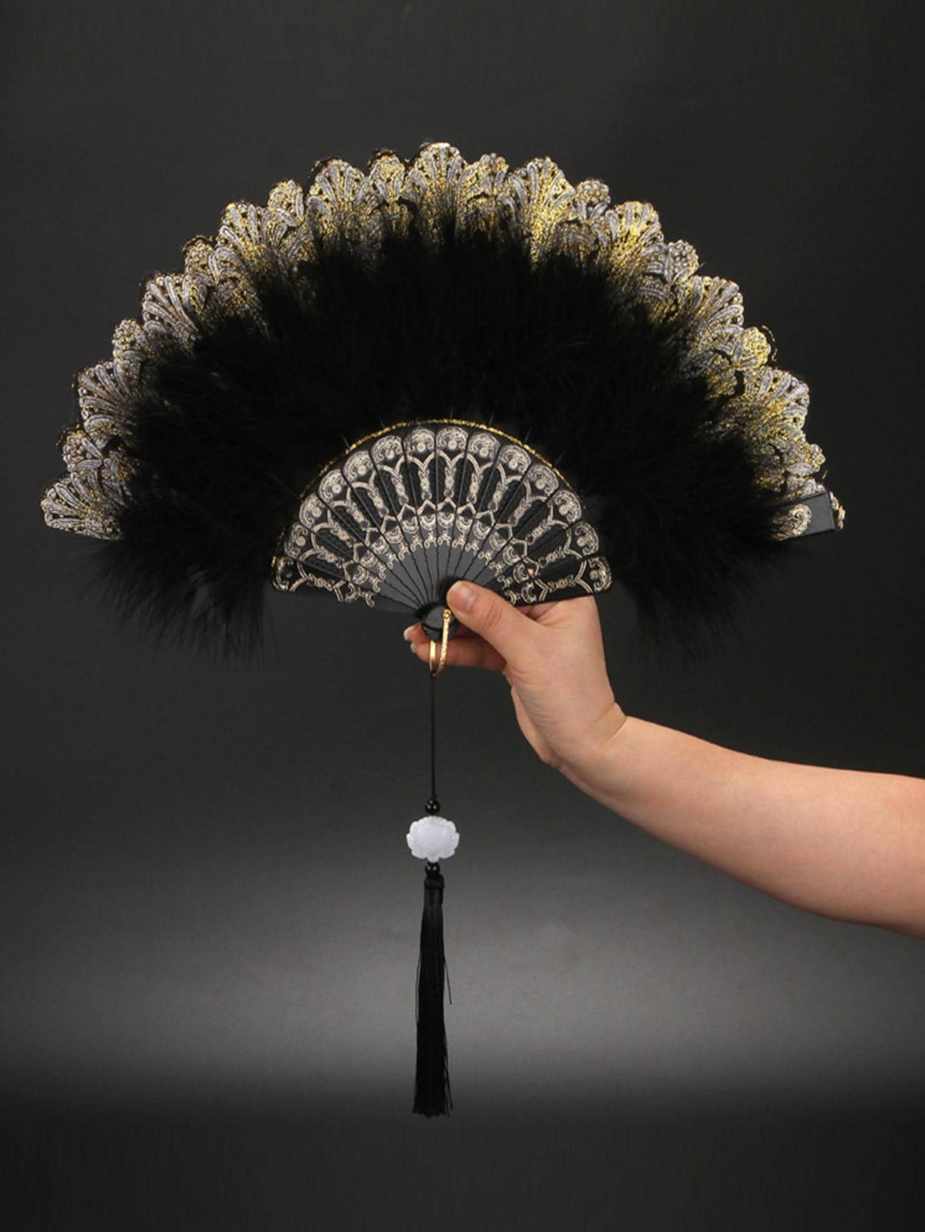 chenguang 1入組羽毛裝飾手動黑色ABS復古可折疊扇適合派對 - 黑色 - 查看 1