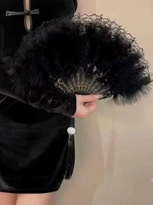 chenguang 1入組羽毛裝飾手動黑色ABS復古可折疊扇適合派對 - 黑色 - 查看 4