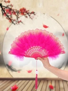 chenguang 1入組羽毛裝飾手動黑色ABS復古可折疊扇適合派對 - 黑色 - 查看 5