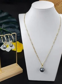 1入組時尚銅合金珍珠吊墜項鍊和1雙銅耳墜適合女士日常裝飾 - 黑色 - 查看 4