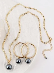 1入組時尚銅合金珍珠吊墜項鍊和1雙銅耳墜適合女士日常裝飾 - 黑色 - 查看 5