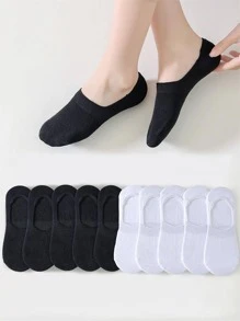 10對女士素色休閒船襪適用於日常生活 - 黑與白 - 查看 3