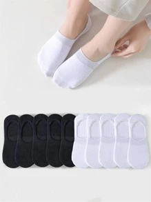 10對女士素色休閒船襪適用於日常生活 - 黑與白 - 查看 2