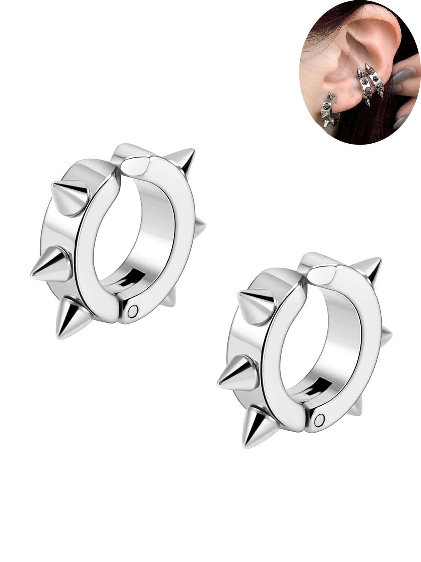 1對時尚不銹鋼幾何裝飾耳夾適合女士日常裝飾銀顏色耳環 - 銀色 - 查看 1