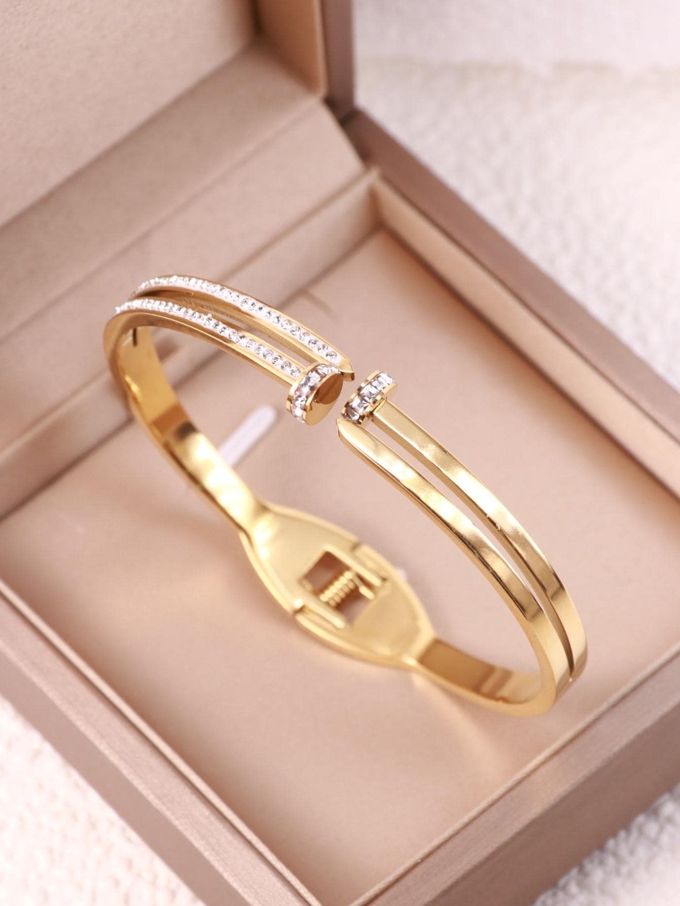 1 PC Thời Trang Inox Rhinestone Trang Trí Bangle Cho Phụ Nữ Để Trang Trí Hàng Ngày - Vàng - Xem 1