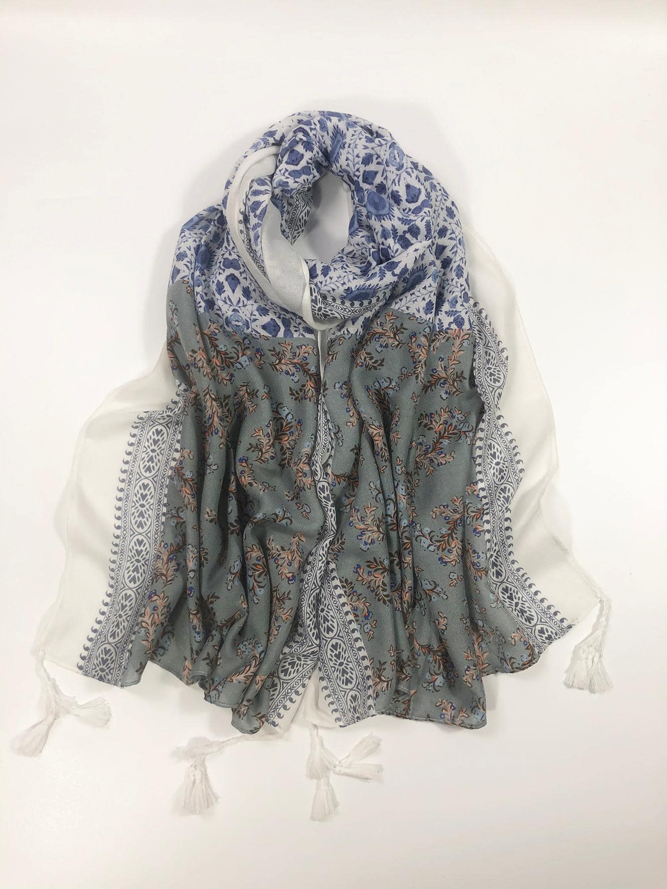 1入組女性樹葉和花圖案流蘇裝飾時尚圍巾適用於海灘 - 彩色 - 查看 1