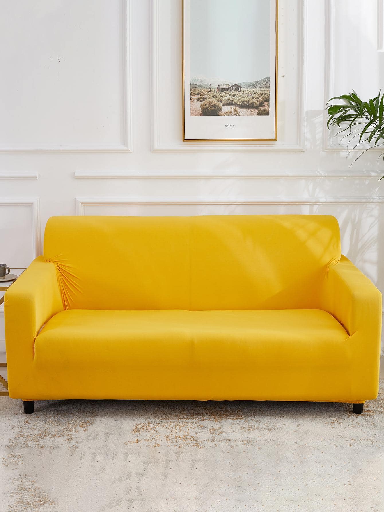 1pc Solid Color Sofa Slipcover, Modern Polyester Yellow Stretch Sofa Slipcover For Home - Yellow - View 1