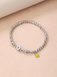 1pc Fashion Stainless Steel Expression & Daisy Decor Beaded Bracelet For Women For Daily Decoration - Silver - View 1
