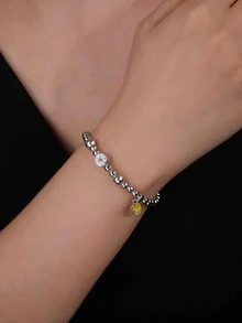 1pc Fashion Stainless Steel Expression & Daisy Decor Beaded Bracelet For Women For Daily Decoration - Silver - View 2