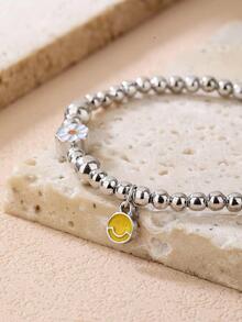 1pc Fashion Stainless Steel Expression & Daisy Decor Beaded Bracelet For Women For Daily Decoration - Silver - View 3