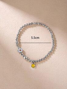 1pc Fashion Stainless Steel Expression & Daisy Decor Beaded Bracelet For Women For Daily Decoration - Silver - View 4