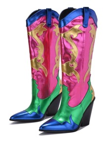 Juliana Metallic Colorblock Western Cowboy Boots - Pink - View 3