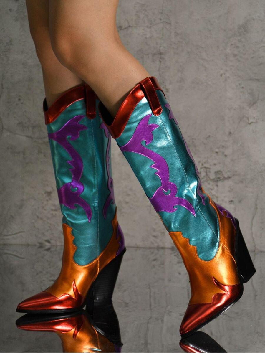Juliana Metallic Colorblock Western Cowboy Boots - Teal Blue - View 1