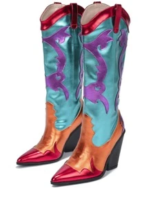 Juliana Metallic Colorblock Western Cowboy Boots - Teal Blue - View 3