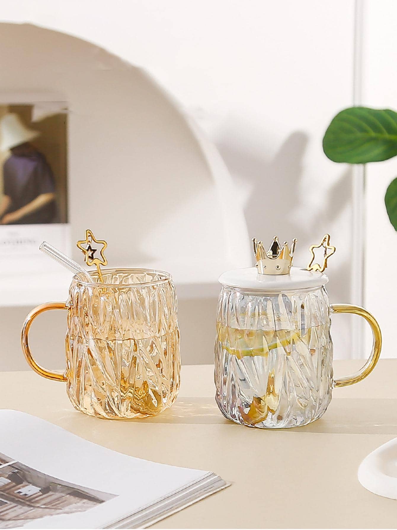 3入組幾何樣式透明杯子帶湯匙和簡約風玻璃杯子套裝適用於家用的 - 彩色 - 查看 1