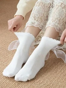 3pairs Women Bow Decor Cute Crew Socks, For Daily Life - Multicolor - View 3