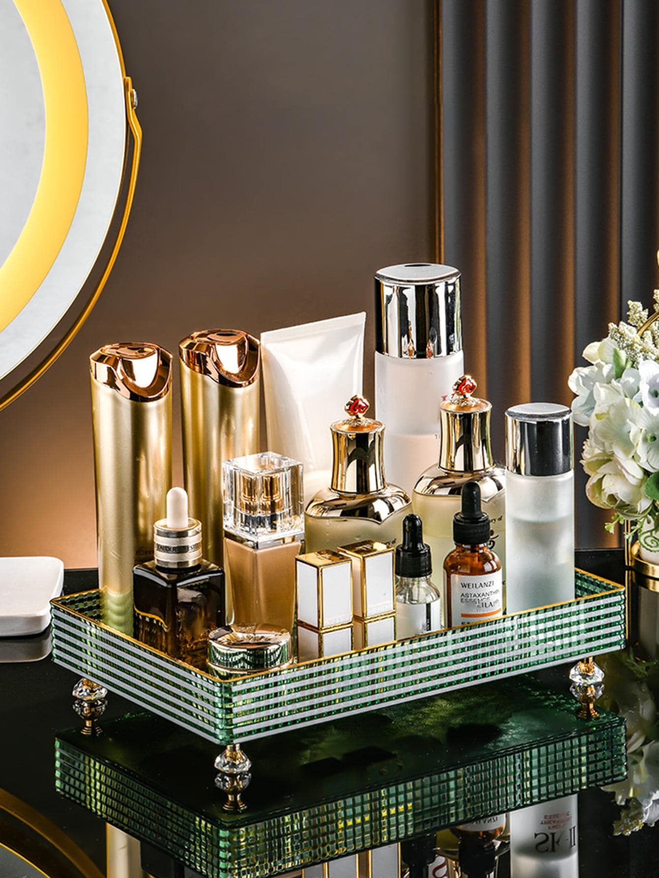 1入組PET化妝盤現代多功能金屬飾邊家用化妝品收納盤 - 綠色 - 查看 1