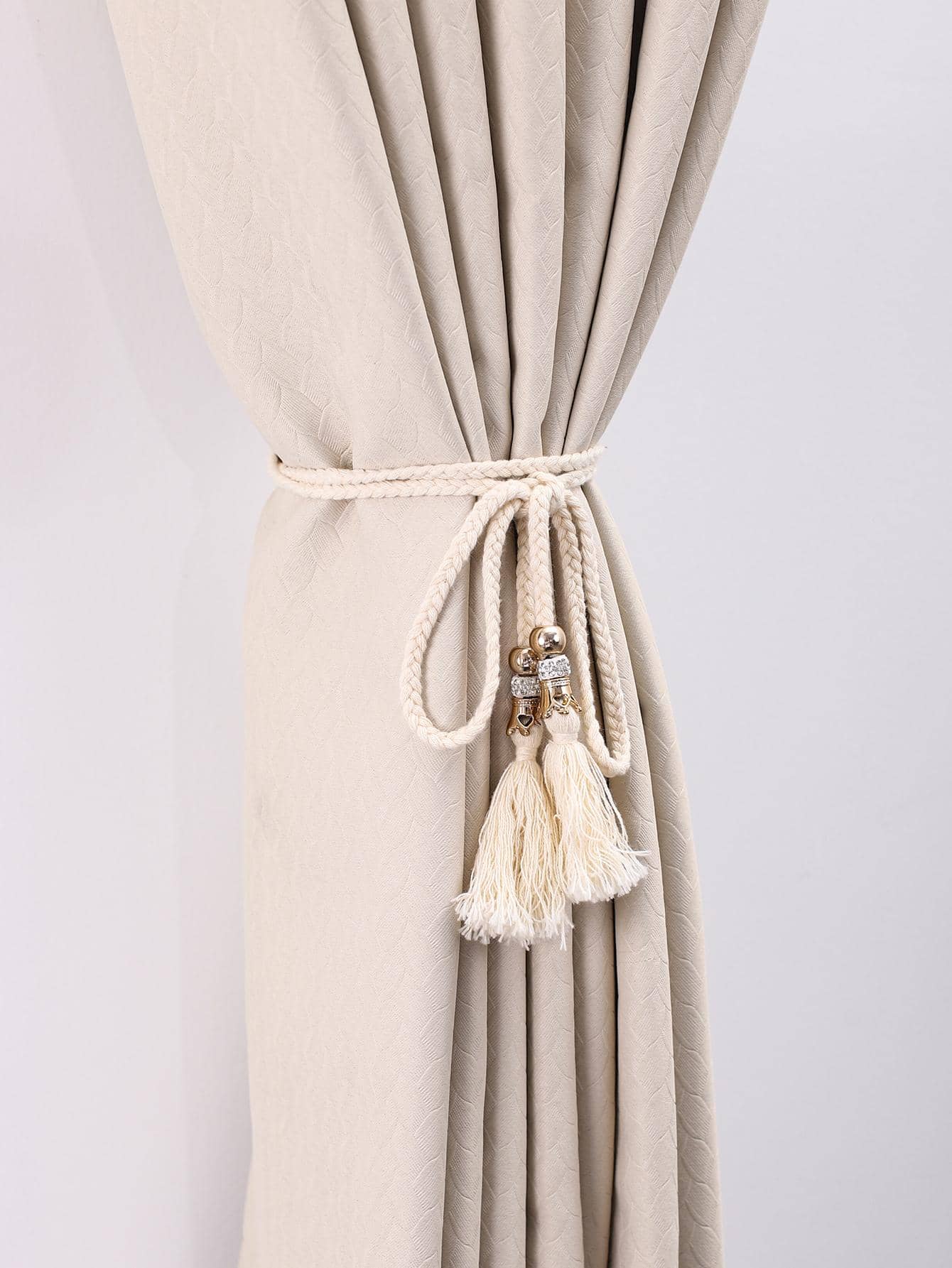 1pc Fabric Curtain Holdback, Bead & Tassel Decor Curtain Tieback For Home Decoration - Beige - View 1