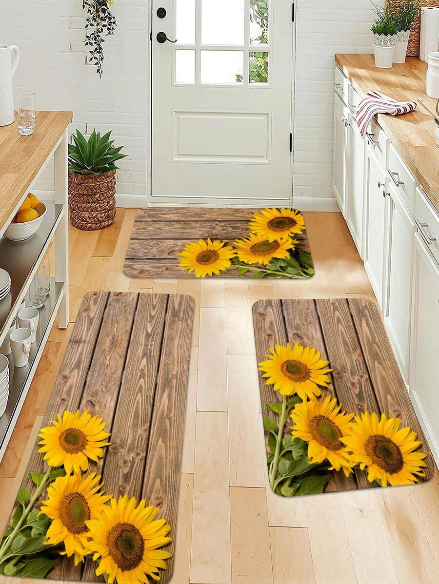 1/2 Tấm thảm hình chữ nhật bằng vải nhung chống trượt in họa tiết hoa hướng dương, mềm mại, dùng cho phòng khách, phòng ăn, nhà bếp - Nhiều màu - Xem 1