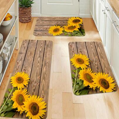 半件装向日葵图案印花长方形绒面防滑地垫，柔软舒适，适用于客厅、餐厅、厨房