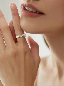 1枚莫桑石钻石订婚戒指，S925纯银承诺戒指，永恒戒指，周年纪念奢华珠宝礼物，送给新娘 - 銀色 - 查看 3