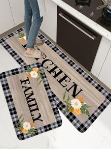 1入組字母和花卉圖案廚房現代滌綸防滑廚房地墊 - 彩色 - 查看 1