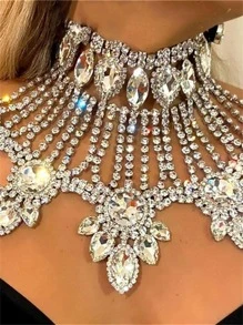 Rhinestone Decor Bib Necklace - Silver - View 1