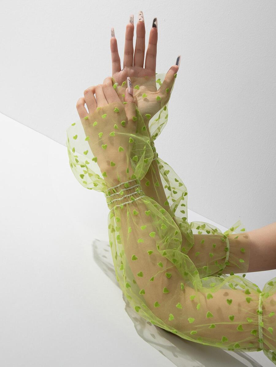 1 件女士心形植绒网眼防晒袖套，百搭时尚 - 綠色 - 查看 1