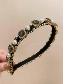 皇家風格1入組女士假珍珠和鑽石幾何裝飾時尚發帶，適合裝飾頭髮 - 黑色 - 查看 2