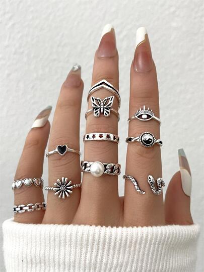 11pcs/Set Fashion Zinc Alloy Butterfly & Flower Decor Ring For Women For Daily Decoration Valentines,Mom,Mother,Mother's Day,Gift