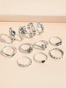 11 件/套时尚锌合金蝴蝶和花朵装饰戒指，适合女士日常装饰情人节、妈妈、母亲、母亲节、礼物 - 銀色 - 查看 4